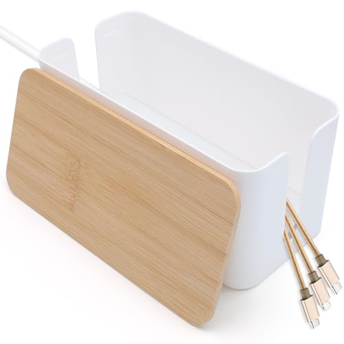 Cable Tidy Box White Cable Box with Bamboo Lid Cable Organiser Cable Management Box for Hiding Cables and Plugs
