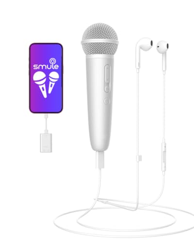 Singing Microphone with Earphone, Ideal for Vocal Recording, Podcasting, Live Streaming, Gaming, Compatible with Smule & Starmaker & Stingray, USB-C Dongle & Lightning Adapter, White