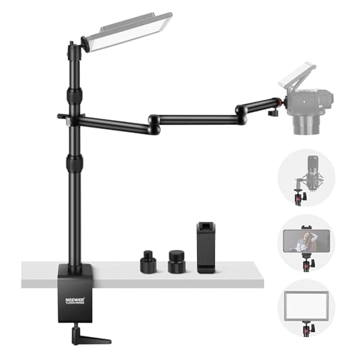 NEEWER Upgraded Overhead Camera Rig with Trifold Camera Boom Arm (Max Load 2lb), 47"/1.2m Telescopic Desk Mount Stand (Max Load 8.8lb) with Phone Clamp Ball Head for LED Light Webcam Mic, TL253A+MH022 - style: TL253A+MH022