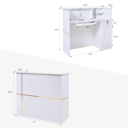 50" Reception Desk – Modern Front Desk with Lockable Drawer, Keyboard Tray, Storage Cabinet, Built-in Power Outlet, LED Lights & DIY Stripe – Ideal for Lobbies, Salons & Retail