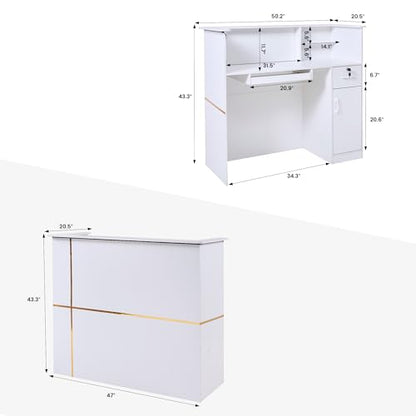 50" Reception Desk – Modern Front Desk with Lockable Drawer, Keyboard Tray, Storage Cabinet, Built-in Power Outlet, LED Lights & DIY Stripe – Ideal for Lobbies, Salons & Retail