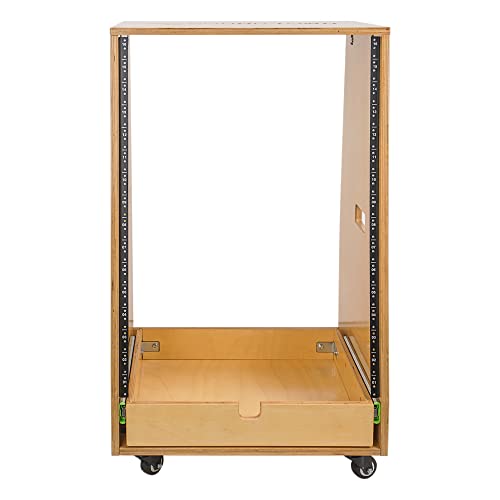 Sound Town DIY 16U Slanted Recording Studio Rack with Extra 2U Drawer, Rubber Feet & Casters, Solid Baltic Birch Plywood Audio Equipment Rack, Golden Oak (SDRK-16TD2) - size: 16U, Golden Oak, Slanted w/ Drawer