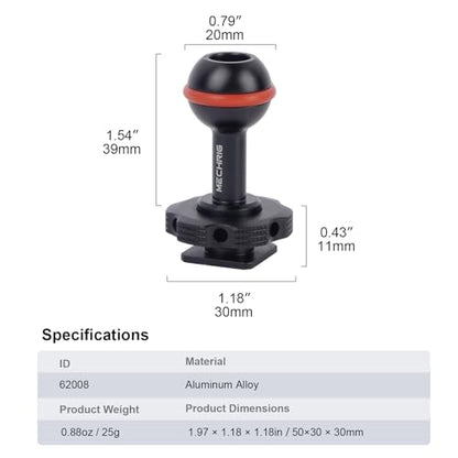 20mm Ball Head Hot Shoe Adapter for Camera Magic Arm, CNC Aluminum Alloy Quick Release Mount with Anti-Slip Ring for DSLR Rig/Gimbal Handle/Riding Filming(62008 Hot Shoe Mount Ball Head)