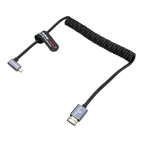 Alvin's Cables Left Angle Micro HDMI to HDMI Cable 8K@60Hz 4K@120Hz, Braided Coiled HDMI 2.1 for Sony A7RIII/A7II/A7M3, Canon R5/M6, Fujifilm X-T4/X-T3, GoPro, Nikon - Ultra Durable - color: Black, style: Left Angle micro HDMI