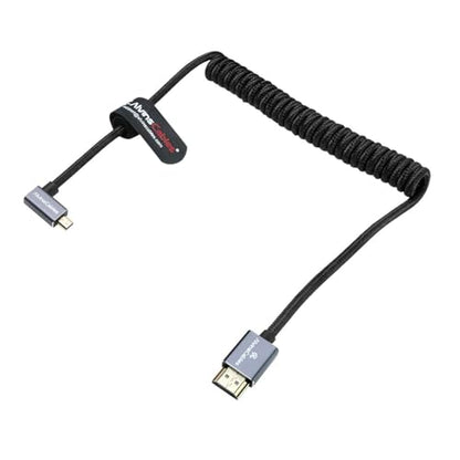 Alvin's Cables Left Angle Micro HDMI to HDMI Cable 8K@60Hz 4K@120Hz, Braided Coiled HDMI 2.1 for Sony A7RIII/A7II/A7M3, Canon R5/M6, Fujifilm X-T4/X-T3, GoPro, Nikon - Ultra Durable - color: Black, style: Left Angle micro HDMI
