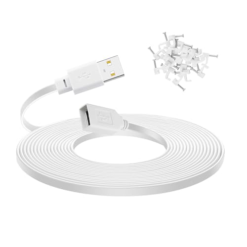 50 ft Cable for Wyze Cam v4 Cameras, USB Male to Female Flat Charging Cord for Wyze Cam Pan V3, White - color: White