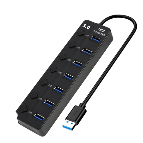 7-Port USB 3.0 Hub with Individual On/Off Switches, 5Gbps Data Transfer USB Splitter for Laptop, PC, Desktop, MacBook, Keyboard, Mouse, Flash Drive, Printer