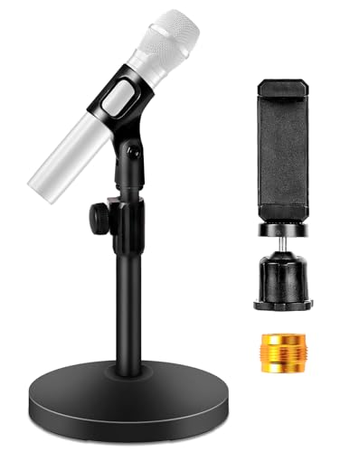 BILIONE Mic Stand Desk with Microphone and Cell Phone Clip, Upgraded Weighted Base, Adjustable Height, Condenser, Podcast, Mike Accessories, 5/8" Male to 3/8" Female Metal Adapter - size: Upgraded 101S