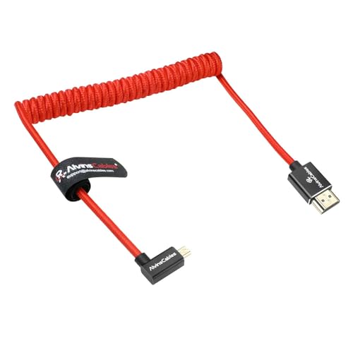 Alvin's Cables Left Angle Micro HDMI to HDMI Cable 8K@60Hz 4K@120Hz, Braided Coiled HDMI 2.1 for Sony A7RIII/A7II/A7M3, Canon R5/M6, Fujifilm X-T4/X-T3, GoPro, Nikon - Red Ultra Durable - color: Red, style: Left Angle micro HDMI