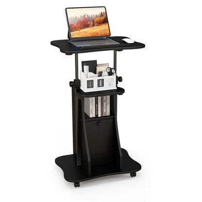 Giantex Mobile Podium Stand, Sit-to-Stand Laptop Cart with Tilting Tabletop & Storage Cabinet, Lockable Casters, Height-Adjustable Rolling Lectern for Classroom, Church, Home Office (Black, 1 Pack) - color: Black