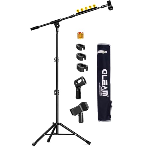GLEAM Microphone Stand for Light Microphone less than 1 LB - Tripod Boom Arm Mic Stand with Carrying Bag, 2 Mic Clips and Screw Adapter Portable for Singing Performance Wedding Stage and Mic Mount