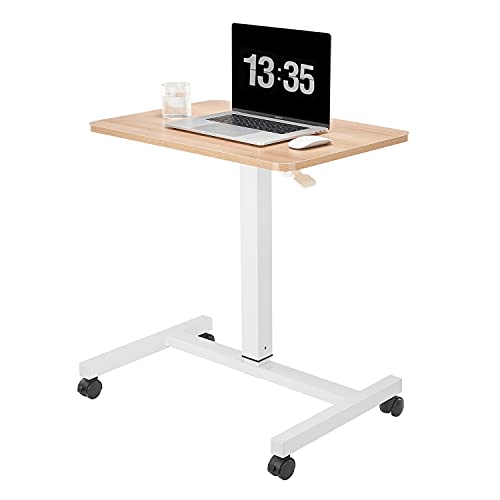 CLATINA Round Edge Design Elegant Mobile Laptop Desk Pneumatic Sit to Stand Table, Height Adjustable Rolling Cart with Lockable Wheels for Home Office Computer Workstation, 28" x 19" Beige - color: Beige, size: No Drawer