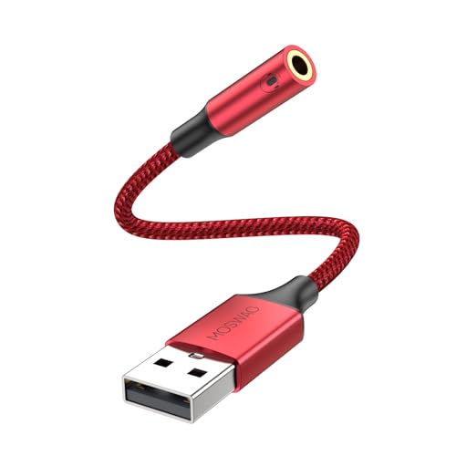 MOSWAG USB to 3.5mm Jack Audio Adapter, USB to Aux Cable with TRRS 4-Pole Mic-Supported Headphone AUX Adapter External Sound Card for Laptop PC PS4 PS5 and More (0.65Feet/20cm, Red) - color: Red, size: 1 pack