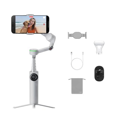 Insta360 Flow 2 Pro Vlog Bundle Grey - Foldable AI Phone Gimbal, Track in 200+ Apps with Apple DockKit, 360º Pan Tracking, Built-in Tripod/Selfie Stick, Remote Control, Spotlight/Backpack Mount - color: Stone Grey - Vlog Bundle