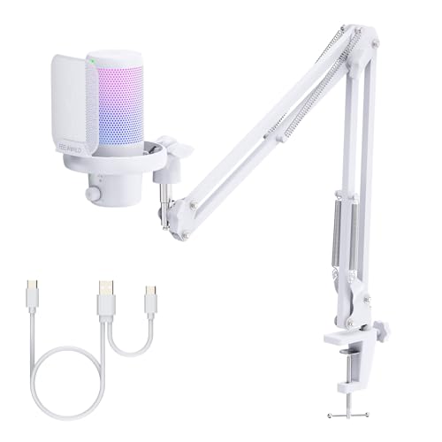 FEELWORLD VM1 White Gaming PC USB Microphone Condenser Mic with Noise Cancellation Mute RGB Light, Computer Accessories Gifts for Gamer YouTube Twitch Podcast Streaming Recording Online Chat PS4 PS5 - color: White