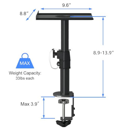 suptek Clamp-on Speaker Stand Desk Mount Set, Height Adjustment, Tilt, Swivel, 9.6 x 8.8 inch Trays, Universal Audio Holders for Computer and Bookshelf Speakers, Elevated Sound, 2 Pack, Black, SDM001B - color: Black