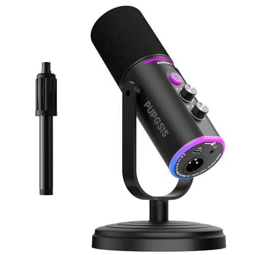 PUPGSIS Podcast Dynamic Microphone, XLR/USB Recording PC Microphones for Broadcast, Podcast, Recording, Gaming & Streaming, Studio Mic with Mute, Headphone Jack, Monitoring Volume Control, Windscreen - size: With Desk Stand