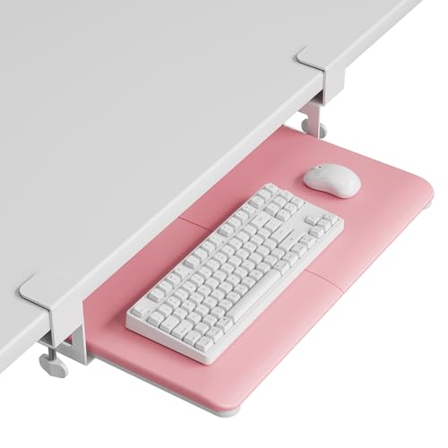 BONTEC KMT01-PJ Under Desk Keyboard Tray, Pull-Out Keyboard & Mouse Platform with C-Clamp, 20 x 11.8 in Space-Saving Ergonomic Slide-Out Drawer, Pink - color: Pink, size: 20" x 11.8"