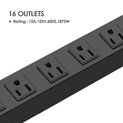 HHSOET Metal Wall Mount Power Strip, 16 Outlets, 3 FT SJT 3/C 14AWG Power Cord, 15A 125V 1875W, Black - size: 3 ft, style: 16 Outlets