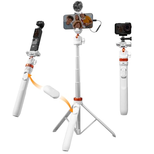 K&F CONCEPT MS08 62'' Selfie Stick Tripod, 2-in-1 Extendable White Phone Tripod Stand for Recording, 360°Ball Head Camera Tripod Compatible with DJI Osmo Pocket 4/3 GoPro 13/12 iPhone17. - color: White