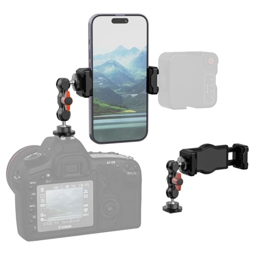 SOH Hot/Cold Shoe Phone Mount Holder, Universal 2 Ball Head Smartphone Mount Adapter, Cold Shoe Phone Clip Mount for iPhone 17/16/15, DSLR Camera LCD Camera Cage Flash LED Light Microphone and More - color: BLACK&RED