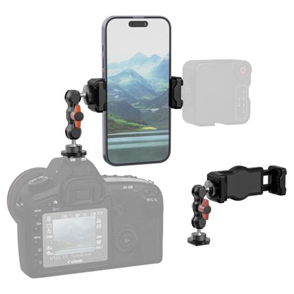 SOH Hot/Cold Shoe Phone Mount Holder, Universal 2 Ball Head Smartphone Mount Adapter, Cold Shoe Phone Clip Mount for iPhone 17/16/15, DSLR Camera LCD Camera Cage Flash LED Light Microphone and More - color: BLACK&RED
