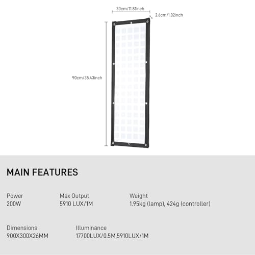 GVM Flexible LED Light Panel with Bluetooth Control, 200W Photography Light with Zipper Splicable, 2700K-6800K, Ultra-Thin 12"x36" Video Light with Softbox for Studio, Film, Vlog, Photography