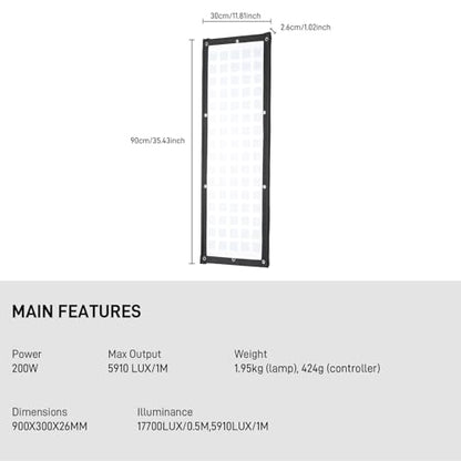 GVM Flexible LED Light Panel with Bluetooth Control, 200W Photography Light with Zipper Splicable, 2700K-6800K, Ultra-Thin 12"x36" Video Light with Softbox for Studio, Film, Vlog, Photography