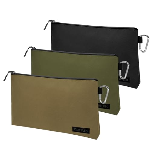 COREFLEX Premium Tool Pouch Zipper Bag, Small Tool Bag, Multipurpose Storage pouch, Heavy duty Flat Bottom Tool bag with YKK Zipper (3 pack Large 12inch) - size: 3 pack Large 12inch Khaki