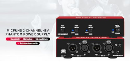 MC new 2 Channel 48V Phantom Power Supply with 3.5mm Audio Cable to Connect Audio Interface for Condenser Microphone Music Recording Equipment (MC2-new red)