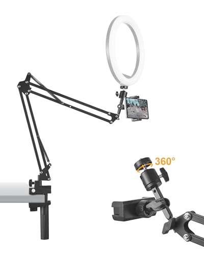 Phone Holder for Bed Desk, Flexible Camera Arm Desk Mount Clamp with Phone Holder and Ball Head, Overhead Tripod Mount for Camera Webcam Ring Light
