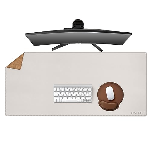 MAIDERN 43.3”x 19.6” Leather Desk Mat, Large Desk Pad, Cork & Leather Large Mouse pad for Desk, Waterproof Computer Desk Mat for Gaming Home Office (Cream) - color: Cork+cream, size: 43.3”x 19.6”