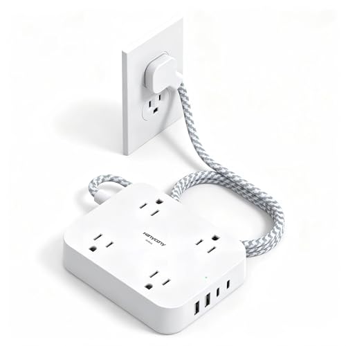 Surge Protector Power Strip, HANYCONY 10Ft Extension Cord with 4 USB Ports(2 USB C), 4 Widely Outlets Extender, Wall Mount, Desk Charging Station for Office School College Dorm Room Essentials - color: White(with Surge), size: 10 Ft