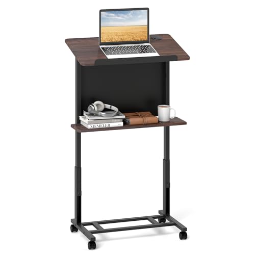 Giantex Mobile Podium Stand, Adjustable Rolling Laptop Desk with 4 Wheels & Tilting Desktop, Sit-to-Stand Lectern Podium Standing Desk w/Storage Shelf & Cable Hole for Classroom Church Home Office (1)