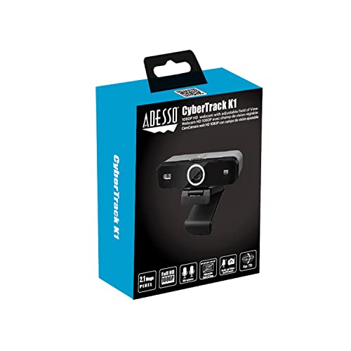 Adesso CyberTrack K1 1080P Full HD Fixed Focus USB Webcam with Adjustable View Angle Built-in Dual Microphones, Privacy Shutter, Audio/Video Mode Privacy ON/Off Switch & Tripod Mount