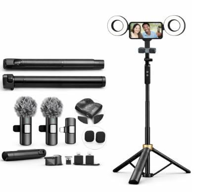 Video Recording Kit for Smartphone with Tripod Stand, Dual Ring Lights and Wireless Lavalier Microphones, Portable Vlogging Set for TikTok, YouTube, Live Streaming and Podcast Creation Pro