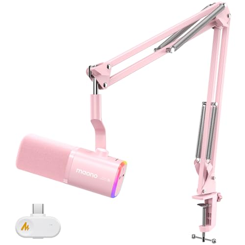 MAONO PD100W Wireless USB Dynamic Microphone, Gaming PC Mic with One-Click Noise Reduction,Mute Button,Custom RGB,3.5mm Headphone Jack,Software,Podcast Streaming Mic (Boom Arm(USB-C Receiver), Pink) - color: Pink
