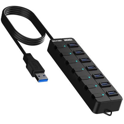 VEMONT 7-Port USB 3.0 Hub (Equipped with a 4-Foot Data Cable, Individual Switch, and Indicator Light, it Supports Data Transfer speeds of up to 5Gbps) Suitable for Desktop Computers and laptops.