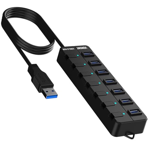VEMONT 7-Port USB 3.0 Hub (Equipped with a 4-Foot Data Cable, Individual Switch, and Indicator Light, it Supports Data Transfer speeds of up to 5Gbps) Suitable for Desktop Computers and laptops.