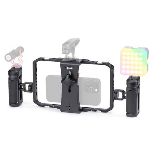 Zeadio Smartphone Video Rig, Phone Cage with Adjustable Dual Handles & Movable Mount, 8 Cold Shoes & 26 1/4" Thread Holes, Filmmaking Stabilizer for All Smartphones, Vlogging YouTube Tiktok Recording - style: Metal Version