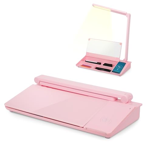 SHANTRA 16'' x 7'' Desktop Whiteboard with Fast Charger Station & Adjustable LED Lamp, Pink Desk Dry Erase Board with Organizer, Computer Pad & Keyboard Stand for Home, School, Office Desk Accessories - color: Pink With Led Lamp & Charger Station