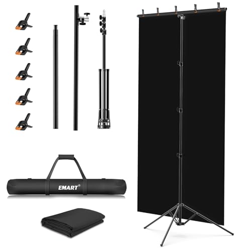 EMART Black Photo Backdrop with Stand Kit 10x5ft, Photography Black Background Screen with Portable T-Shape Support and 5 Clamps for Video Recording, Meetings, Self Tape - size: 5x10ft