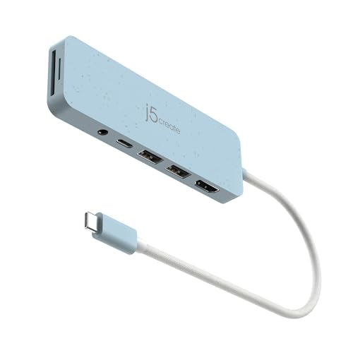 j5create USB-C Multi-Port Hub with Power Delivery with 4K HDMI/2 USB-A 5Gbps/PD 100W Charging SD&Micro SD/3.5mm Audio | for MacBook Pro&Air/iPad Pro/iMac/Surface/XPS/Thinkpad/Galaxy/and More(JCD373EC) - color: Fresh Cyan