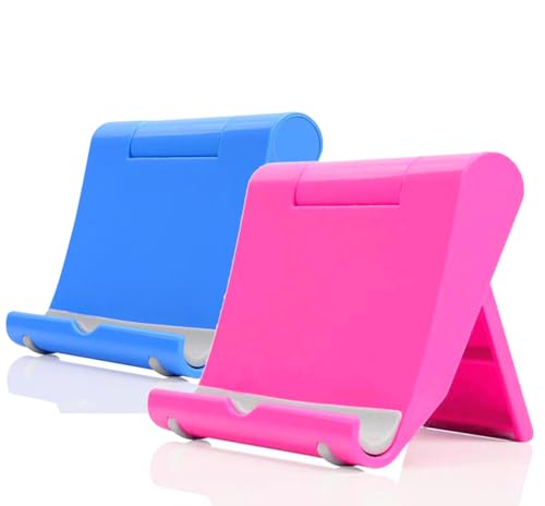 Cell Phone Stand for Desk 2 Pack Mobile Phone Holders Desktop Tablet Stand, Foldable Phone Dock Universal Adjustable Tablet Stand for Desk Compatible with Cell Phone Support (Blue+Pink) - color: Blue+Pink