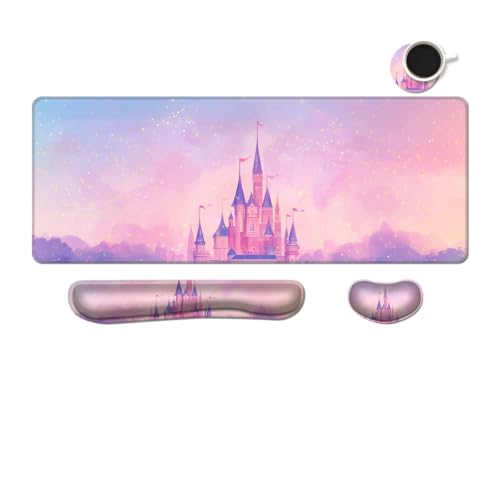 Desk Mat, Large Gaming Mouse Pad with Wrist Rest, 4 in1 XXL Mouse pad+Keyboard Wrist Rest+Mouse Pad Wrist Support+Cup Coaster Set, Ergonomic Desk Pad for Home Office,Pink Castle - color: 88