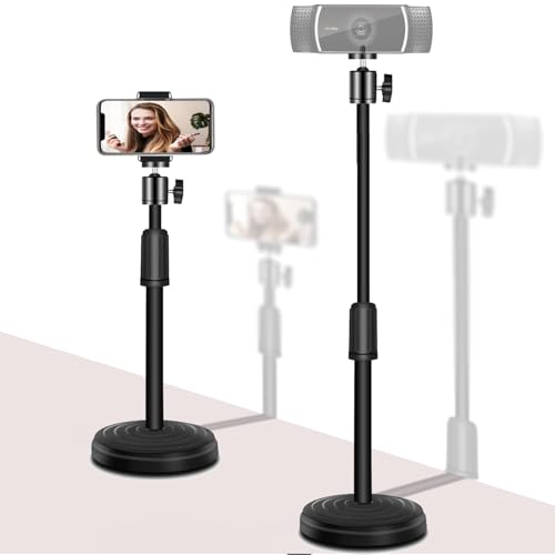 Webcam Stand with Phone Holder, Adjustable Height Desk Camera Mount for Logitech C920 C922 C925e C930e, 1/4" Threaded Desktop Tripod Stand for Live Streaming, Video Conferencing, Online Classes
