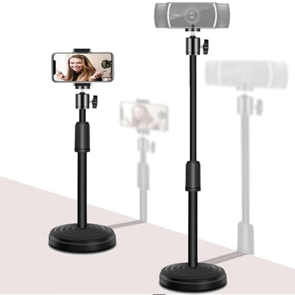 Webcam Stand with Phone Holder, Adjustable Height Desk Camera Mount for Logitech C920 C922 C925e C930e, 1/4" Threaded Desktop Tripod Stand for Live Streaming, Video Conferencing, Online Classes