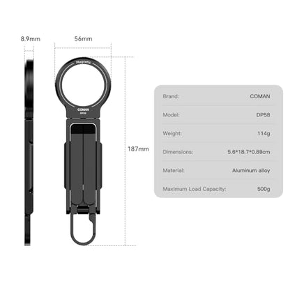 COMAN DP58 Magnetic Phone Tripod, Aluminum MagSafe Tripod Stand with Carabiner, Mini Portable Travel Pocket Tripods for iPhone & Non-Magnetic Phones with Included Ring - color: Black