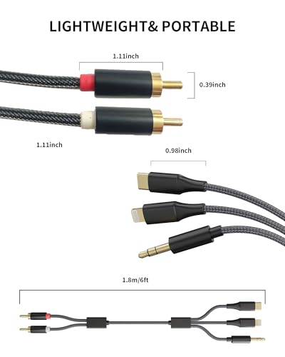 [3-in-1 RCA Audio Cable] Lightning/USB C/3.5mm to 2 RCA – Compatible with iPhone, Android, Home Theater, Car Stereo, Speaker, Amplifier (6FT) - size: 6FT