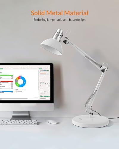 LEPOWER Metal Desk Lamp, Adjustable Goose Neck Architect Table Lamp with On/Off Switch, Swing Arm Desk Lamp with Clamp, Eye-Caring Reading Lamp for Bedroom, Study Room &Office (White) - color: White